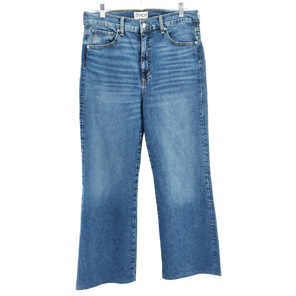 Ética Wide Leg Jeans Womens 31 Blue High Rise Raw Hem Sustainable Cropped Cotton